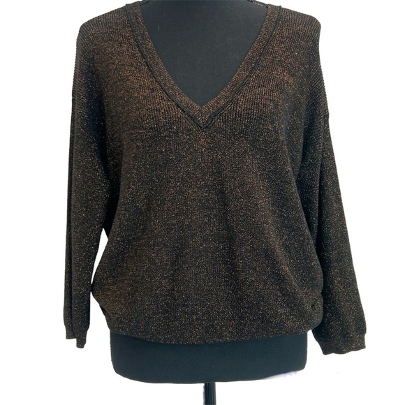 ARITZIA Wilfred brown bronze metallic glitter silk cashmere V-neck knit sweater - Picture 1 of 10